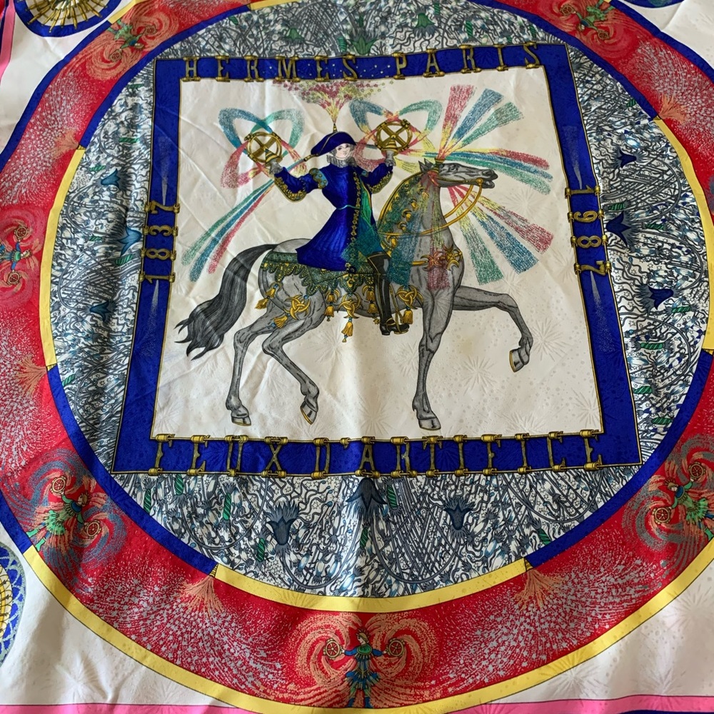Hermes Multicolor Equestrian Parade Silk Scarf - Blue, Red, Pink, Gold, White